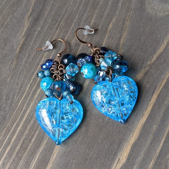 Mixed Blue Glass Bead & Blue Crackle Heart Cluster Earrings - Picture 6 of 16